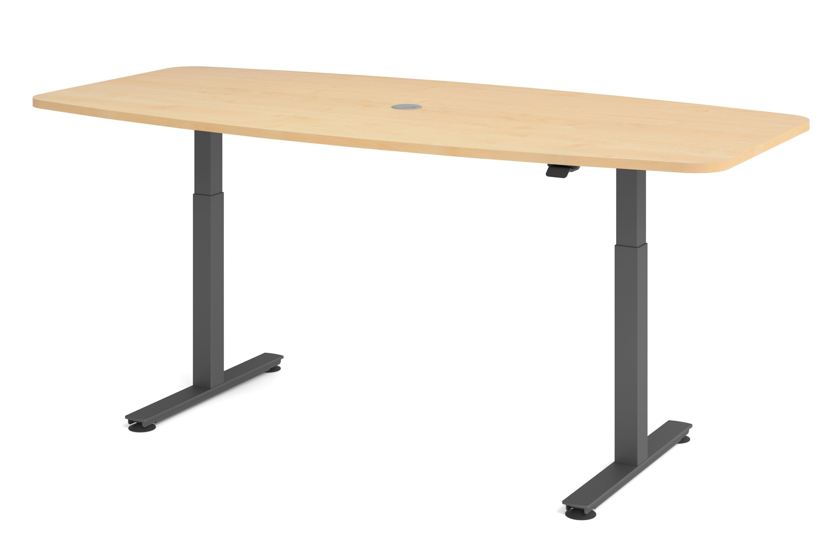 Höhenverstellbarer Schreibtisch mit heller Holzoberfläche und schwarzen Metallbeinen, geeignet für ergonomisches Arbeiten.