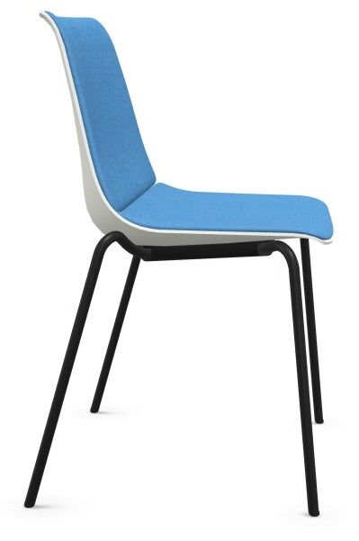 Ein moderner Bürostuhl mit blauer Polsterung und schwarzen Metallbeinen, ideal für dynamisches Sitzen.