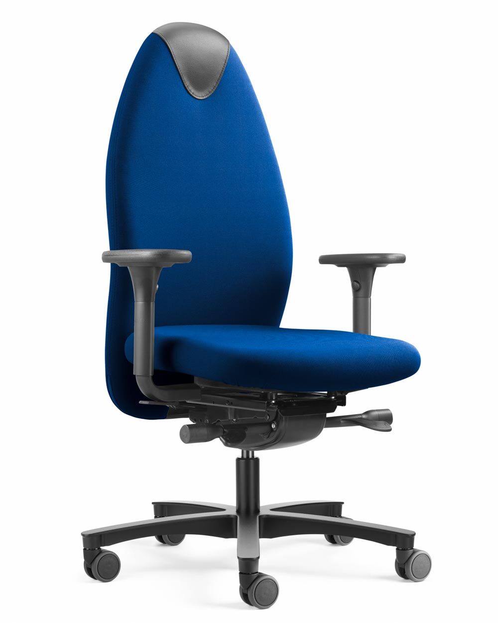 Ergonomischer blauer Bürostuhl mit verstellbaren Armlehnen und Rückenlehne, ideal für bewegtes Sitzen im Büro.