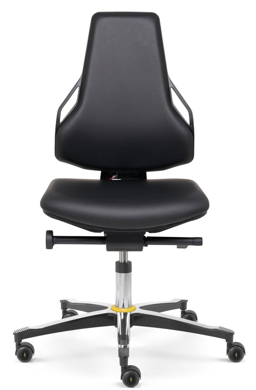 Ergonomischer Bürostuhl mit dynamischem Design, schwarzer Polsterung und verstellbarer Sitzhöhe auf Rollen.