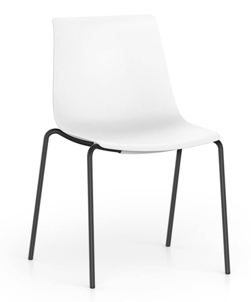 Moderner weißer Stuhl mit gebogener Rückenlehne und schwarzen Metallbeinen, ideal für ergonomisches Sitzen.