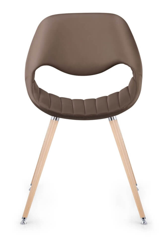 Moderner ergonomischer Stuhl mit brauner Sitzfläche und hellen Holzbeinen für stilvolles, gesundes Sitzen.