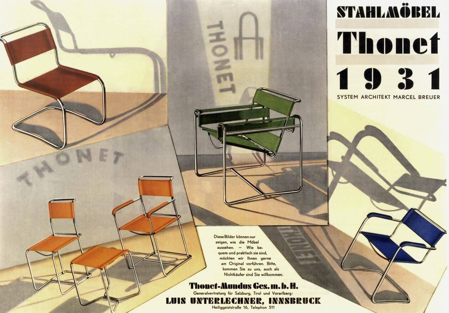 Werbung von 1931 für Thonet Stahlmöbel, zeigt verschiedene ergonomische Stühle von Marcel Breuer.