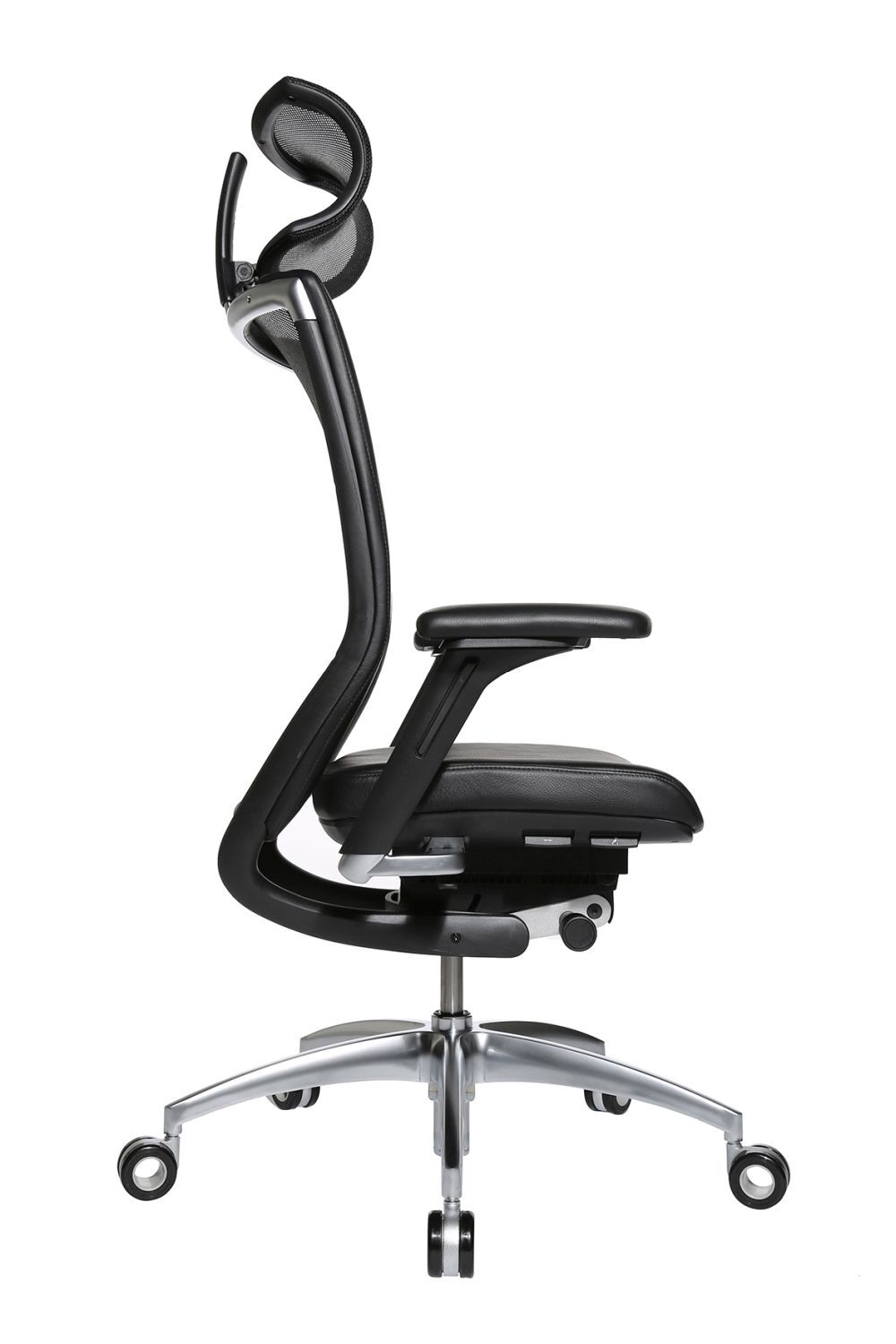Ergonomischer Bürostuhl mit Nackenstütze und gepolsterten Armlehnen, seitlich gezeigt, auf Rollenfüßen.