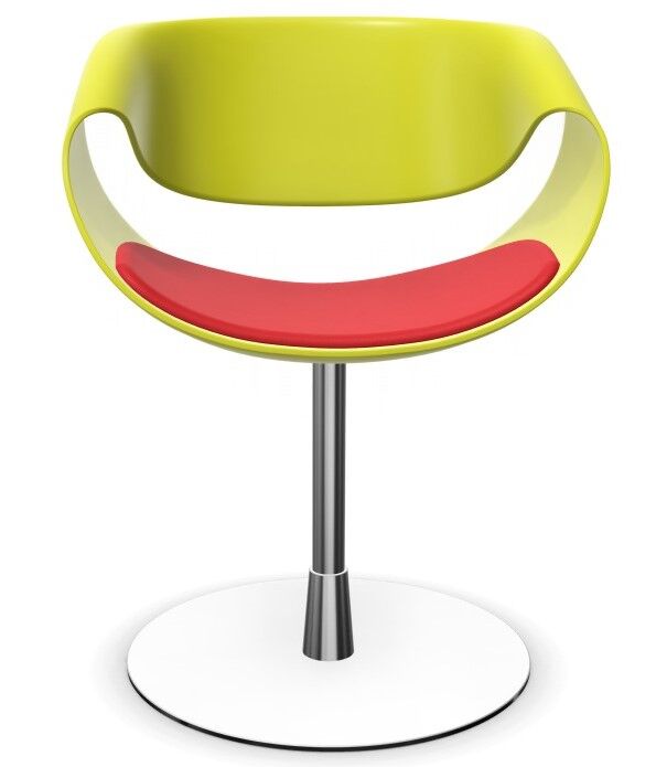 Moderner ergonomischer Stuhl mit gelber Rückenlehne, roter Sitzfläche und verchromtem Drehfuß.