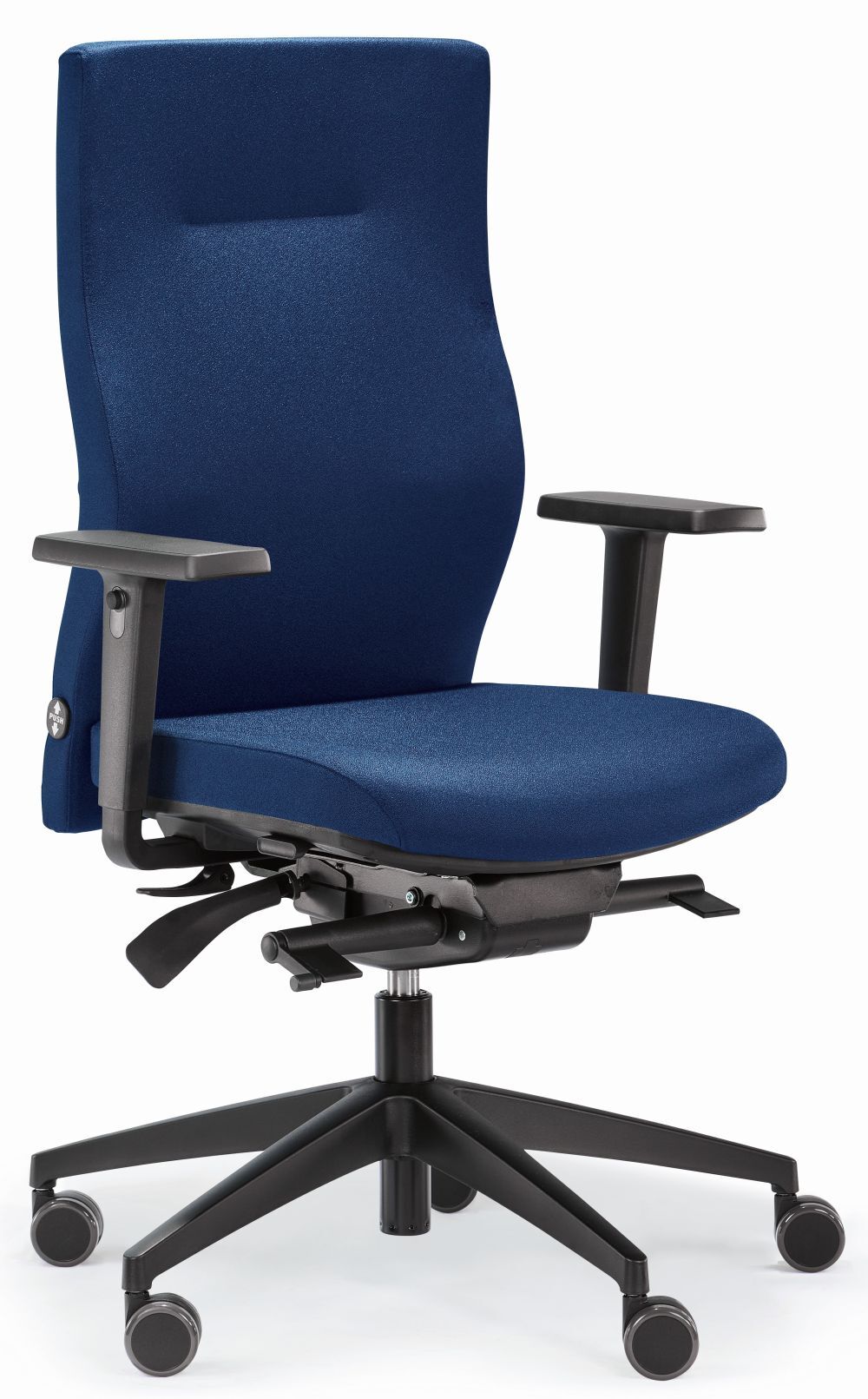 Ergonomischer Bürostuhl in Blau mit verstellbaren Armlehnen und fünf Rollen für dynamisches Sitzen.