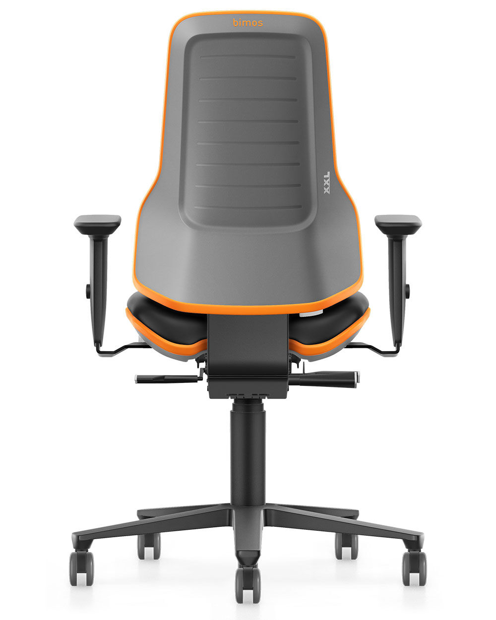 Ergonomischer Bürostuhl von Bimos mit grauer Rückenlehne und orangefarbenen Akzenten, Armlehnen und Rollen.