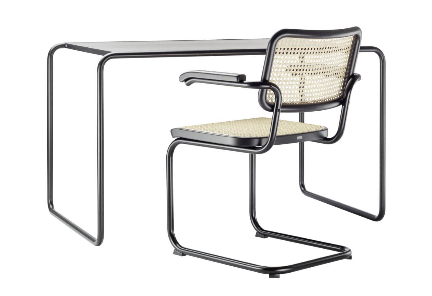 Moderner Schreibtisch mit freischwingendem Stuhl aus schwarzem Metall und hellem Geflecht.