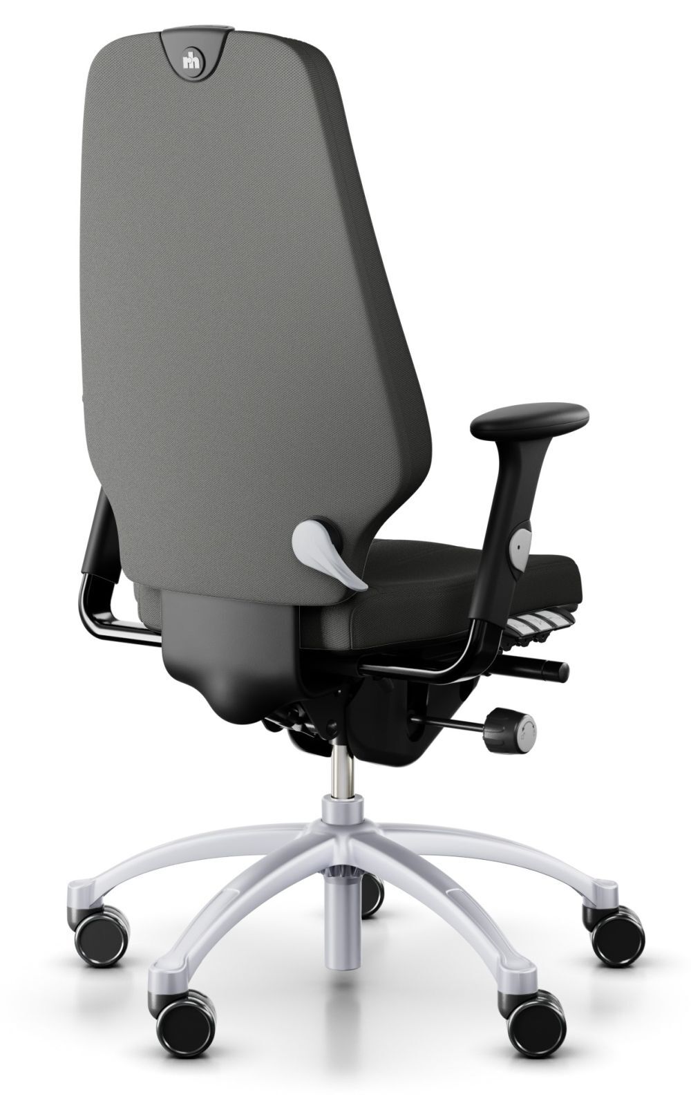 Ergonomischer Bürostuhl in Grau mit verstellbaren Armlehnen und Rückenlehne, auf fünf Rollen für dynamisches Sitzen.