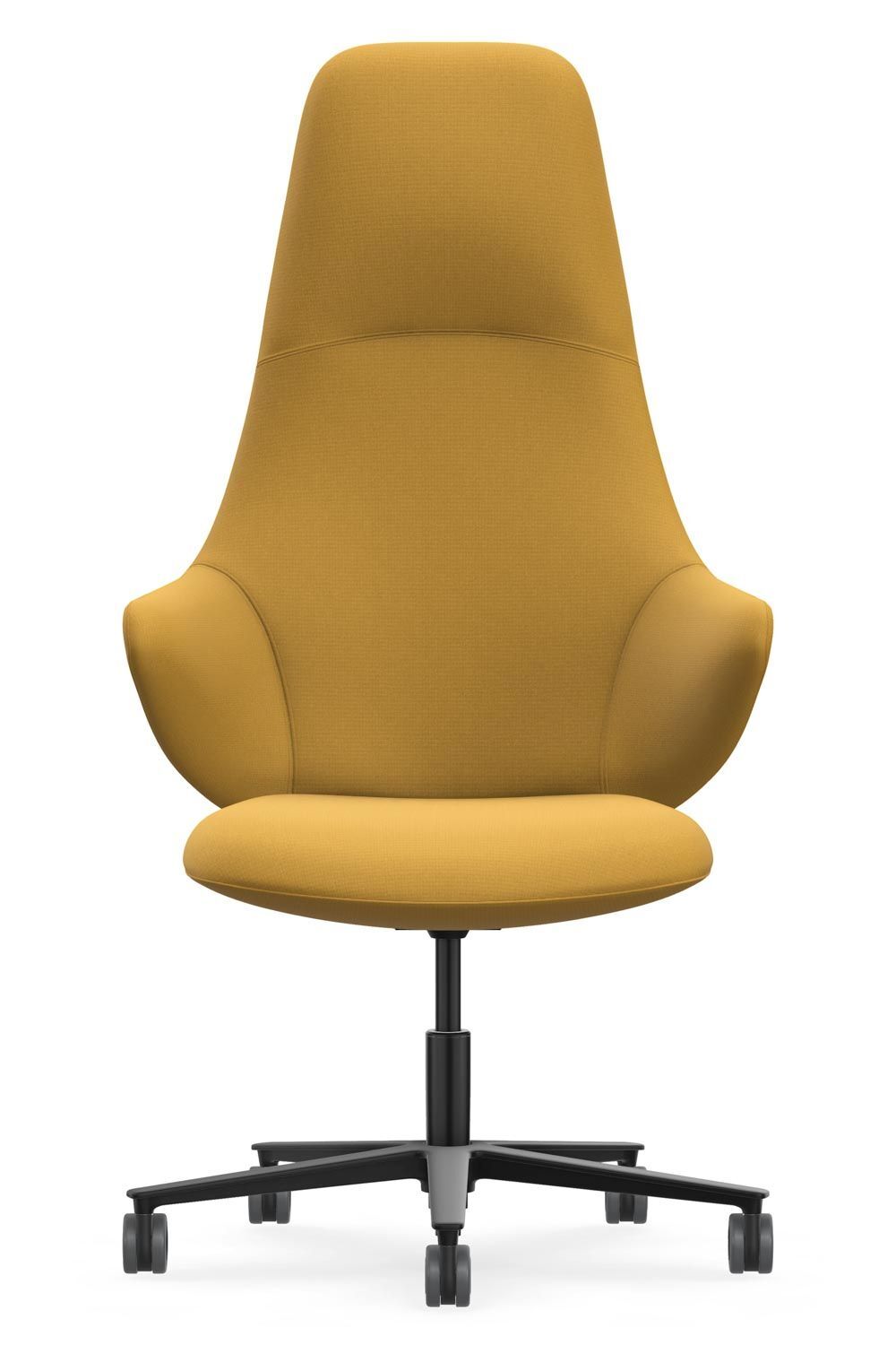 Ergonomischer Bürostuhl in Gelb mit hoher Rückenlehne und Rollen für dynamisches Sitzen.