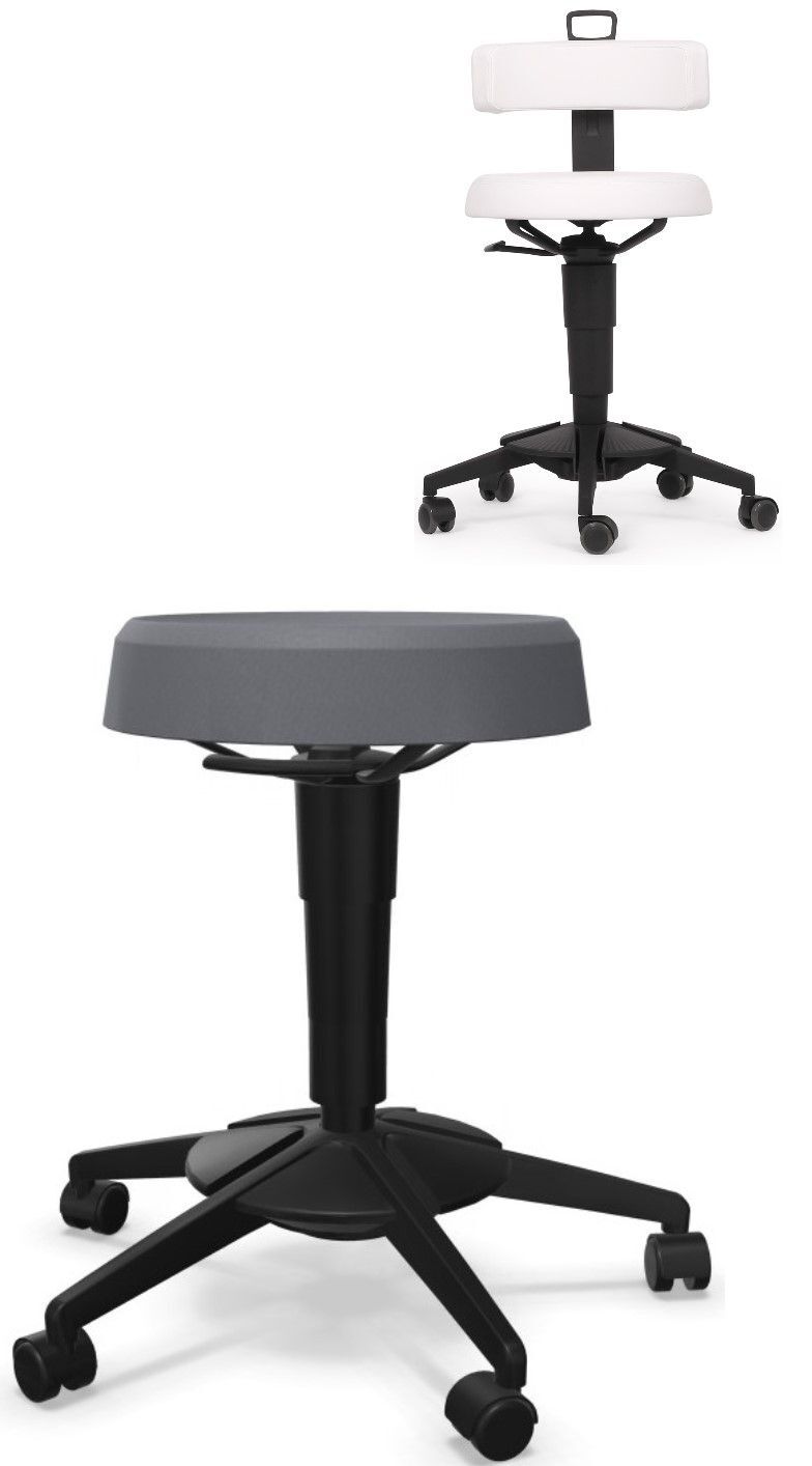 Zwei ergonomische Drehhocker mit Rollen, einer in Grau, einer in Weiß, für aktives und gesundes Sitzen.