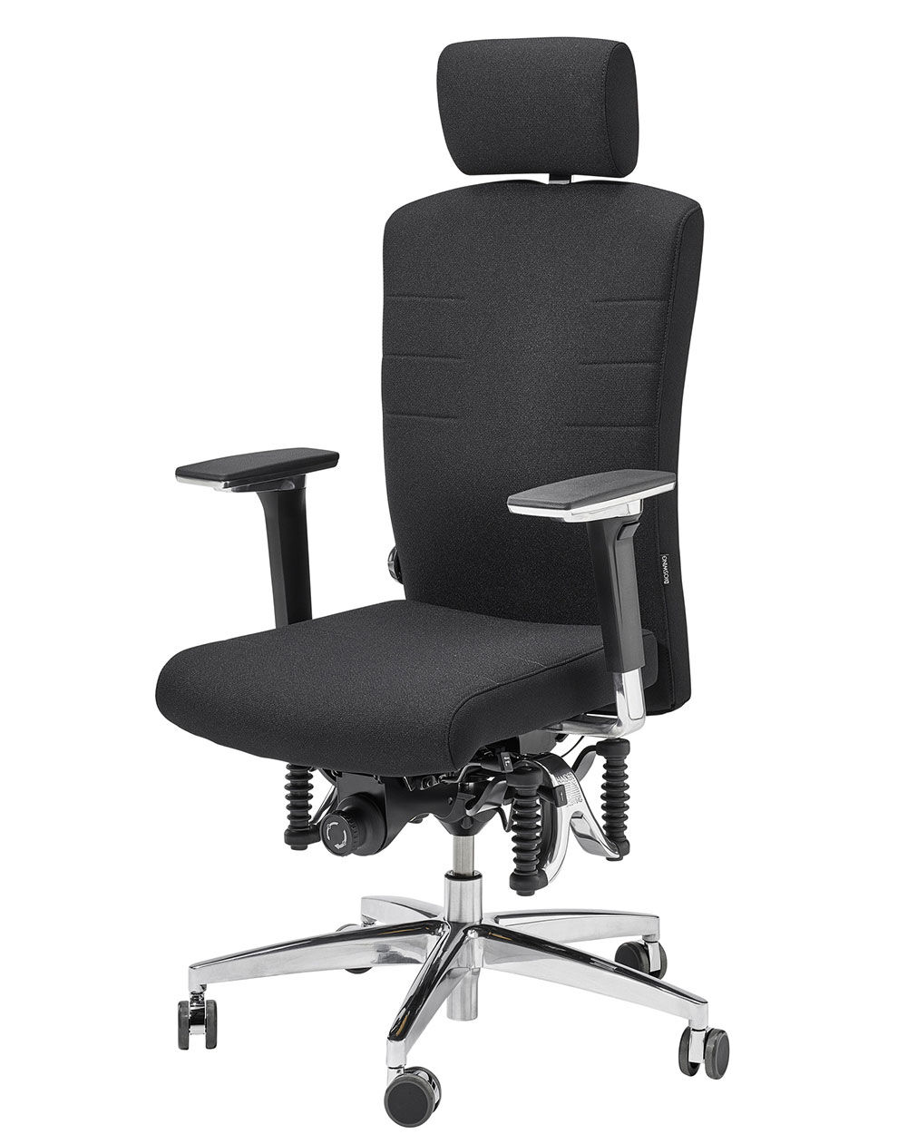 Schwarzer ergonomischer Bürostuhl mit Kopfstütze und verstellbaren Armlehnen auf Metall-Rollfußkreuz.