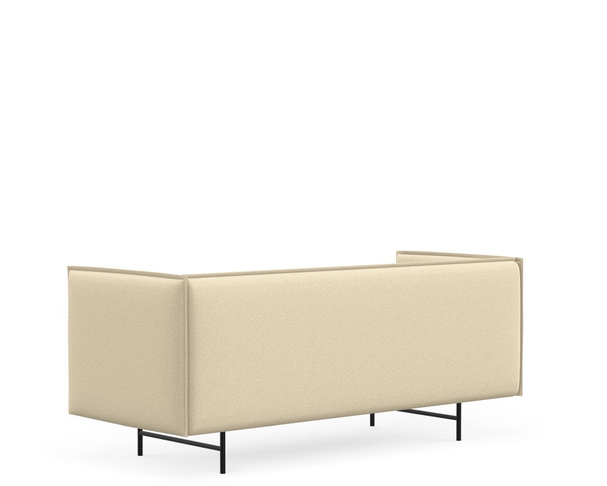 Beige Zwei-Sitzer-Sofa mit minimalistischem Design und schwarzen Metallfüßen in Seitenansicht auf weißem Hintergrund.