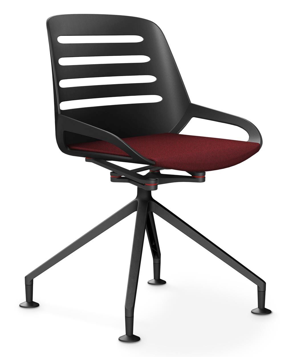 Moderner schwarzer Bürostuhl mit ergonomischem Design und weinrotem Sitzpolster auf vier stabilen Beinen.