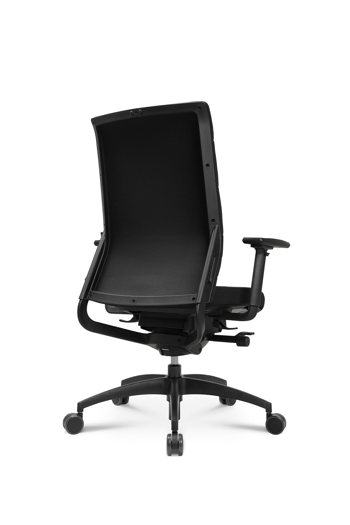 Schwarzer ergonomischer Bürostuhl mit Netzrückenlehne, verstellbaren Armlehnen und Rollen für dynamisches Sitzen.