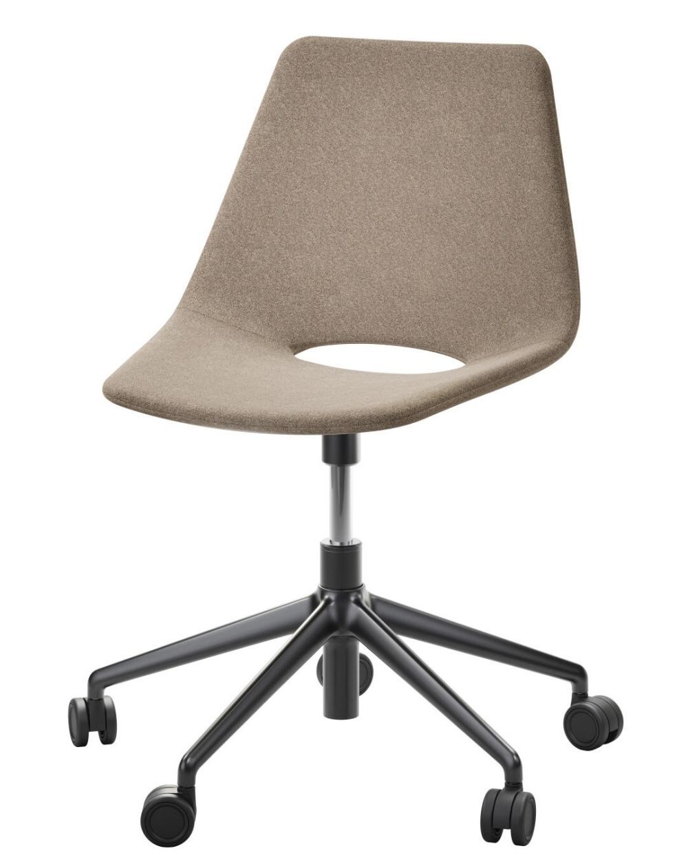 Ergonomischer Bürostuhl mit braunem Sitz, Rollen und verstellbarem schwarzem Gestell für dynamisches Sitzen.