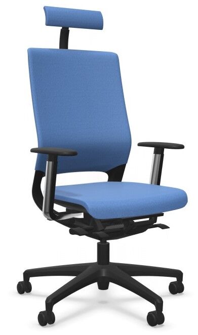 Blauer ergonomischer Bürostuhl mit Kopfstütze und verstellbaren Armlehnen auf einem schwarzen Drehfuß.