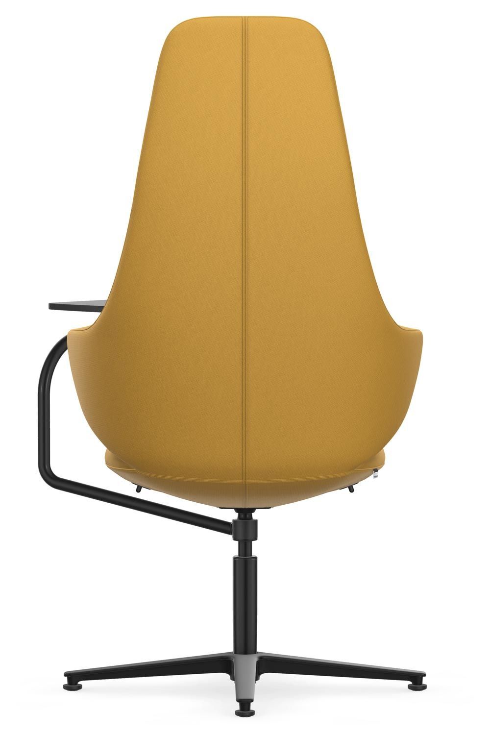 Moderner ergonomischer Bürostuhl in Gelb, Rückansicht, mit schwarzem Metallgestell und verstellbaren Armlehnen.