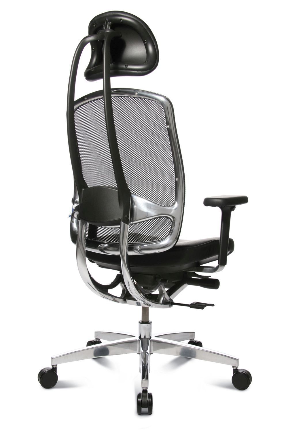 Ergonomischer Bürostuhl mit Netzrückenlehne und verstellbarer Kopfstütze, Seitenansicht, auf Rollenbasis.