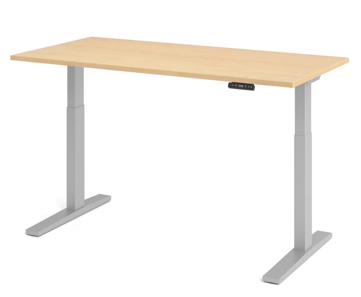 Höhenverstellbarer Schreibtisch aus hellem Holz mit grauen Metallbeinen und elektronischer Steuerung.