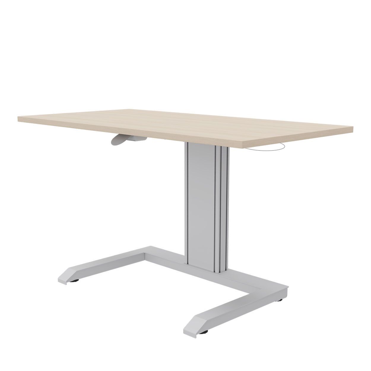 Höhenverstellbarer Schreibtisch mit heller Holzplatte und stabilen, grauen Metallbeinen für ergonomisches Arbeiten.