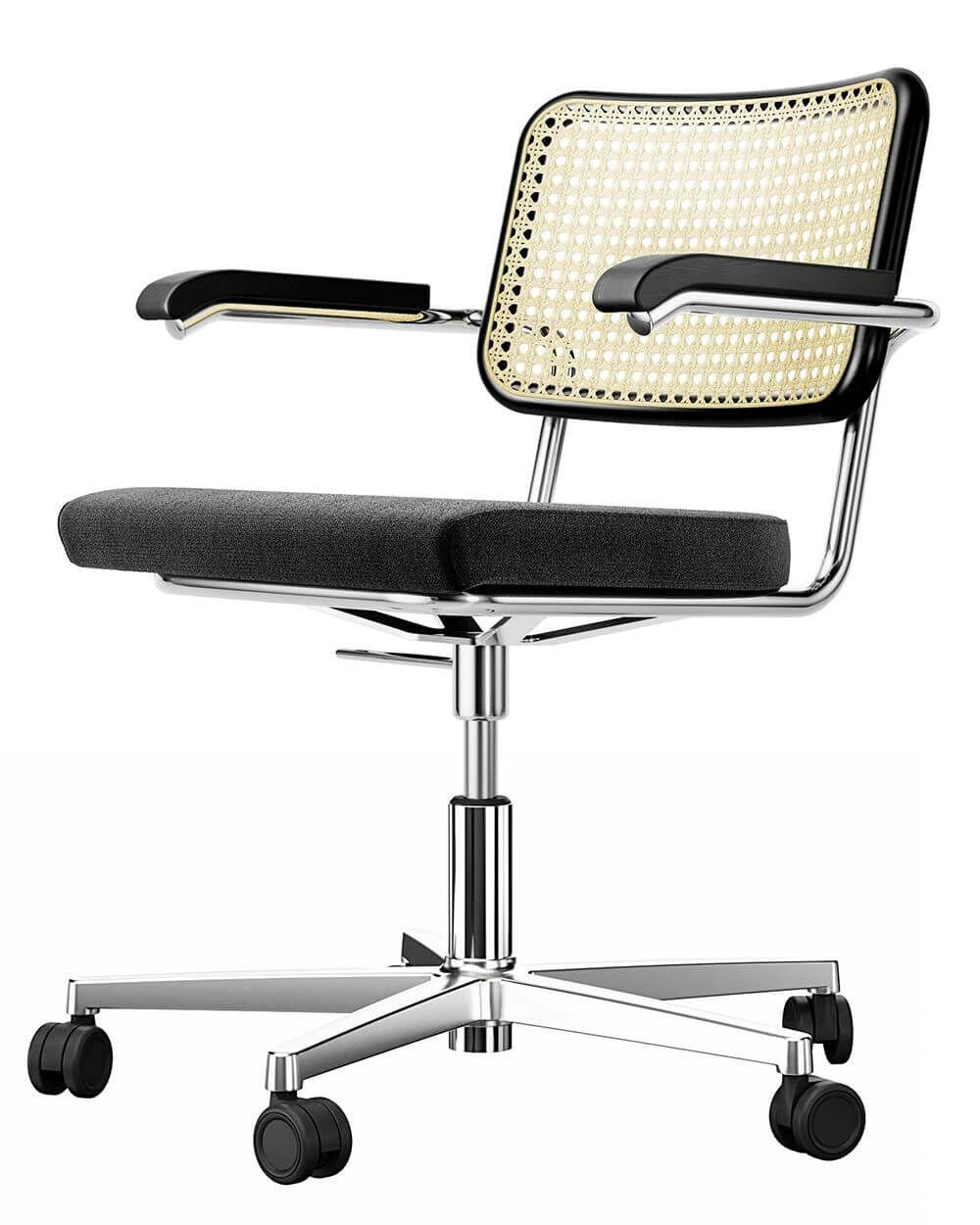 Moderner Bürostuhl mit schwarzem Polster, geflochtenem Rückenteil und verchromtem Gestell auf Rollen für ergonomisches Sitzen.