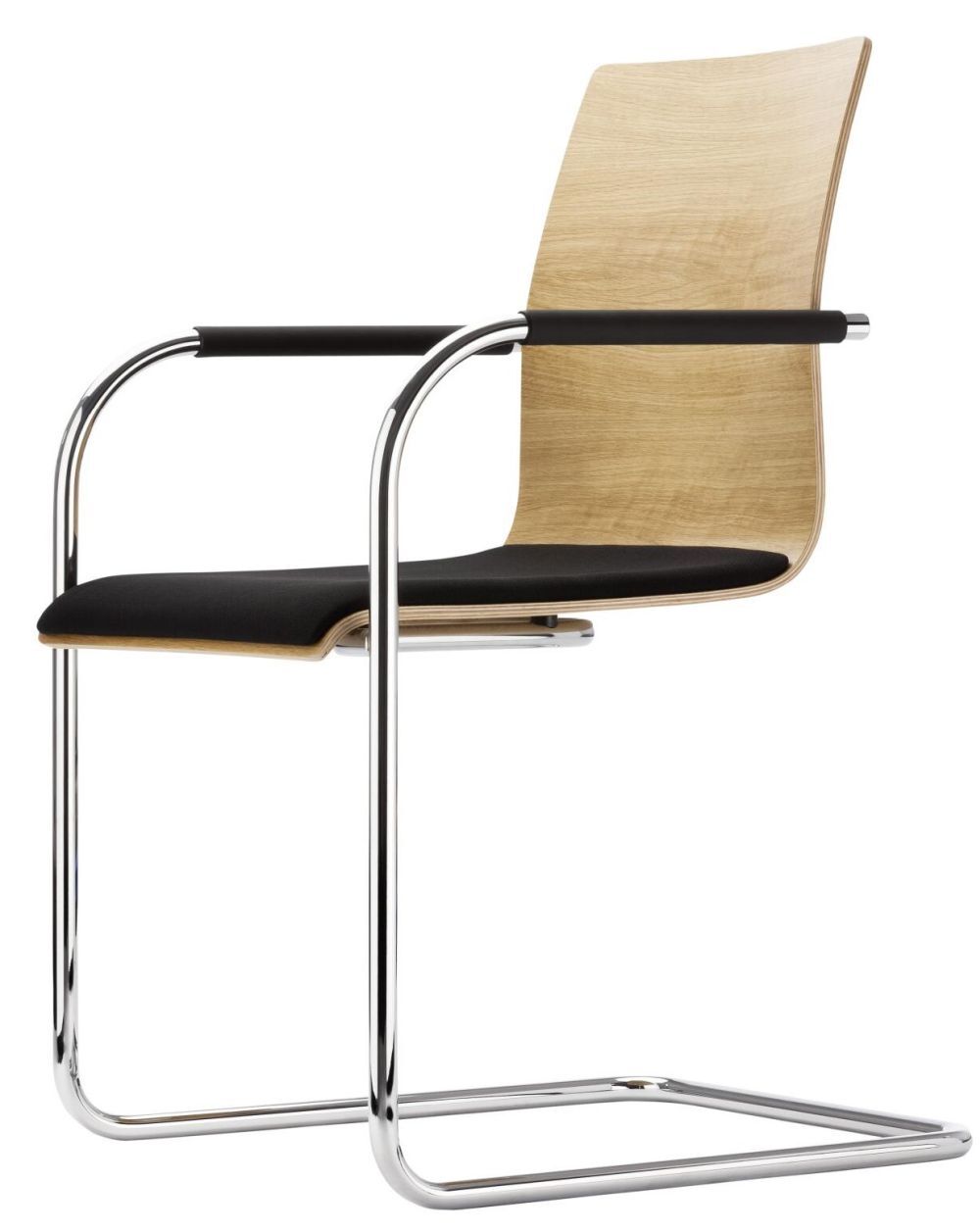 Moderner Freischwingerstuhl mit Sitzfläche aus Holz und schwarzem Polster, ideal für ergonomisches Sitzen.