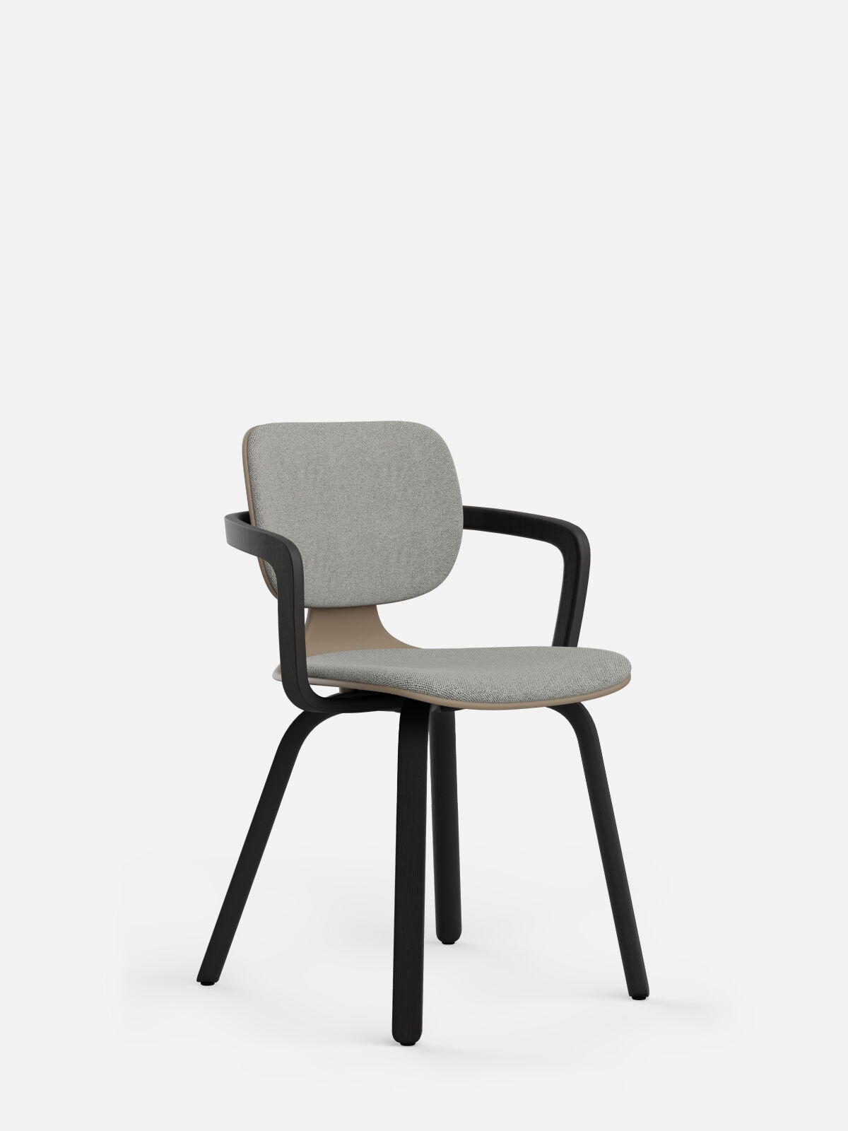 Moderner ergonomischer Stuhl mit grauer Polsterung und schwarzen Holzbeinen, geeignet für gesundes Sitzen im Büro.