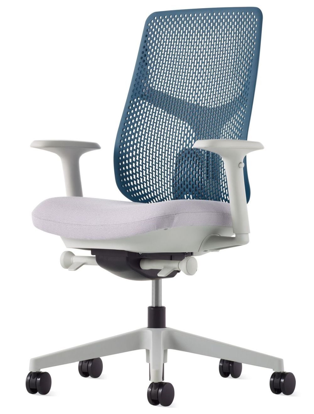 Ergonomischer Bürostuhl mit blauem Netzrücken und grauem Sitz, ideal für dynamisches Sitzen.