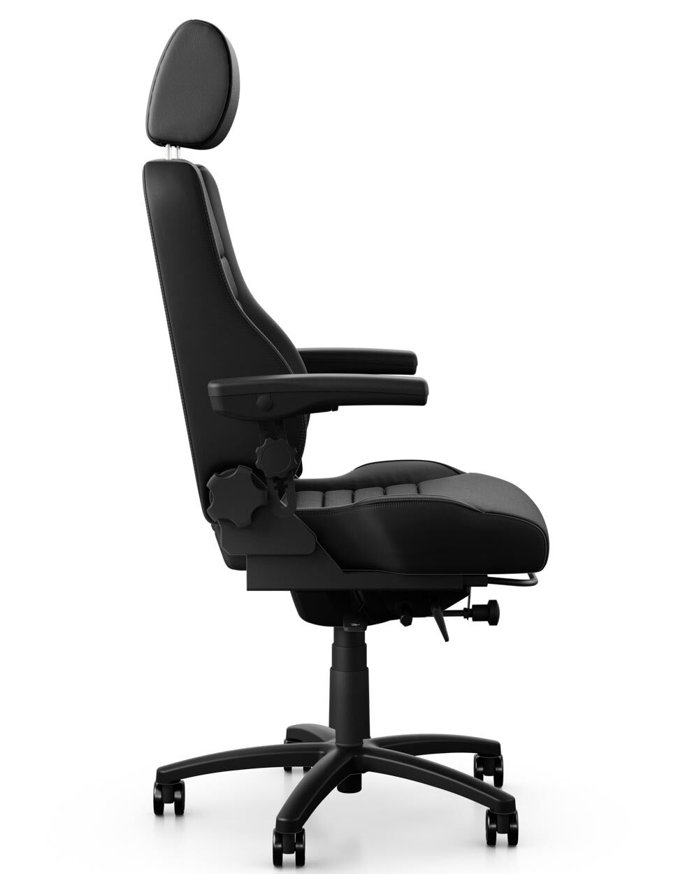 Ergonomischer Bürostuhl mit Kopfstütze und verstellbaren Armlehnen, seitliche Ansicht. Ideal für dynamisches Sitzen.