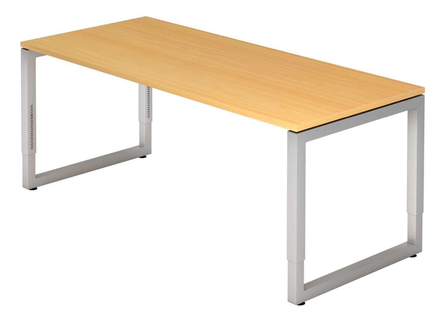 Moderner Schreibtisch mit heller Holzplatte und grauem Metallrahmen für ergonomische Büroumgebungen.