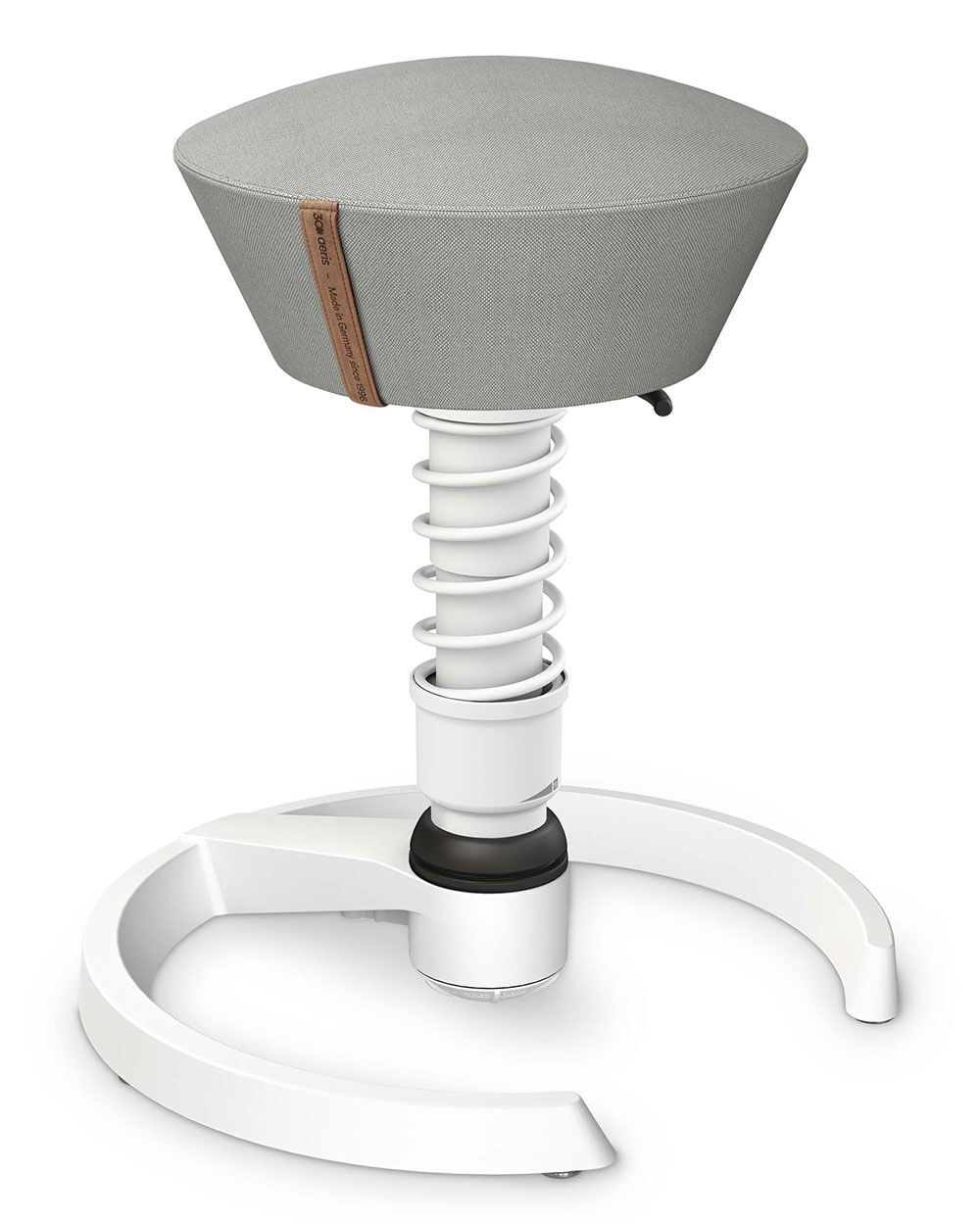 Moderner ergonomischer Hocker mit grauer Polsterung und federndem, höhenverstellbarem Basis, entwickelt für dynamisches Sitzen.