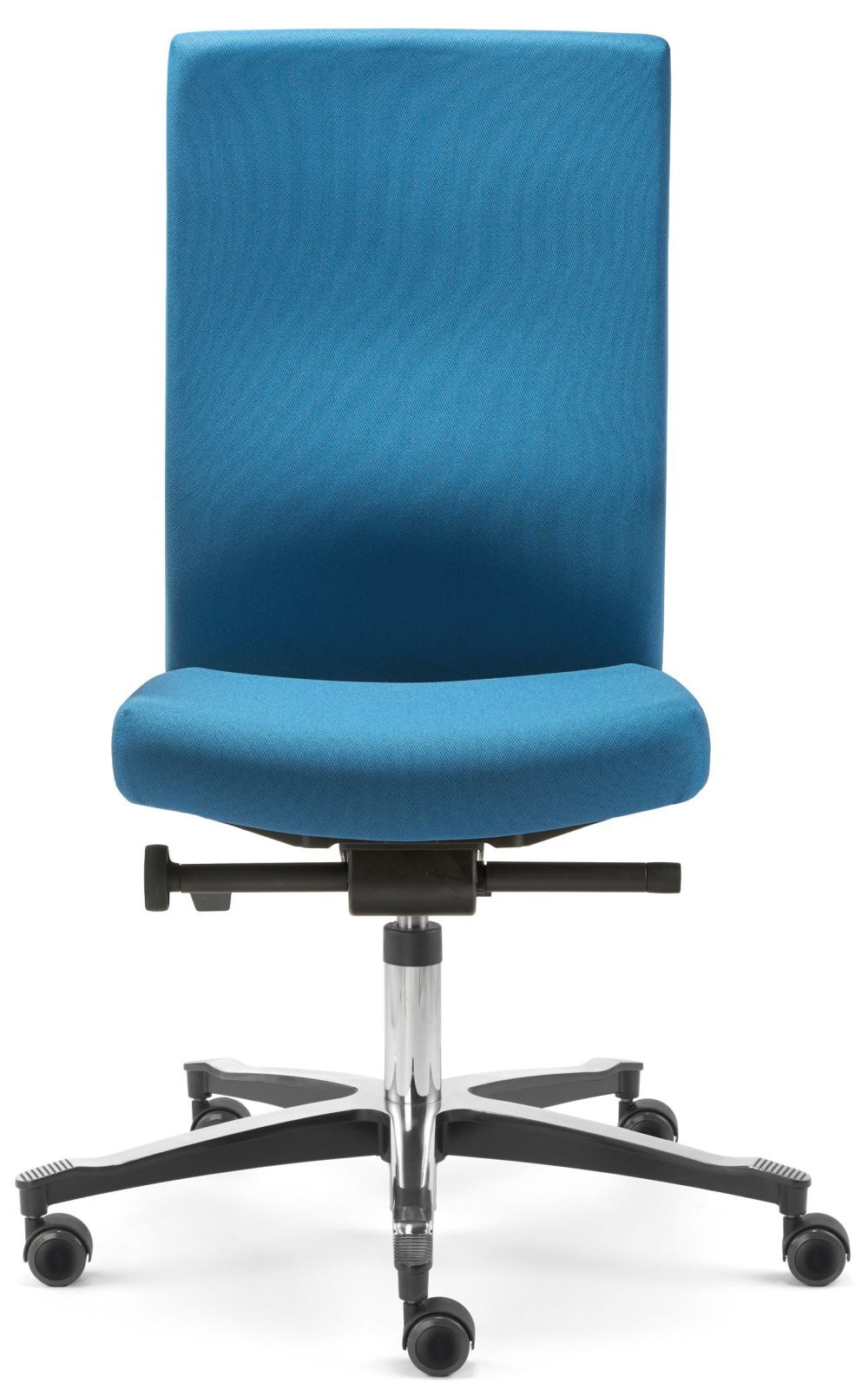Ergonomischer Bürostuhl mit blauer Polsterung und verstellbarer Sitzhöhe, auf einem Fünf-Sterne-Rollenfuß.