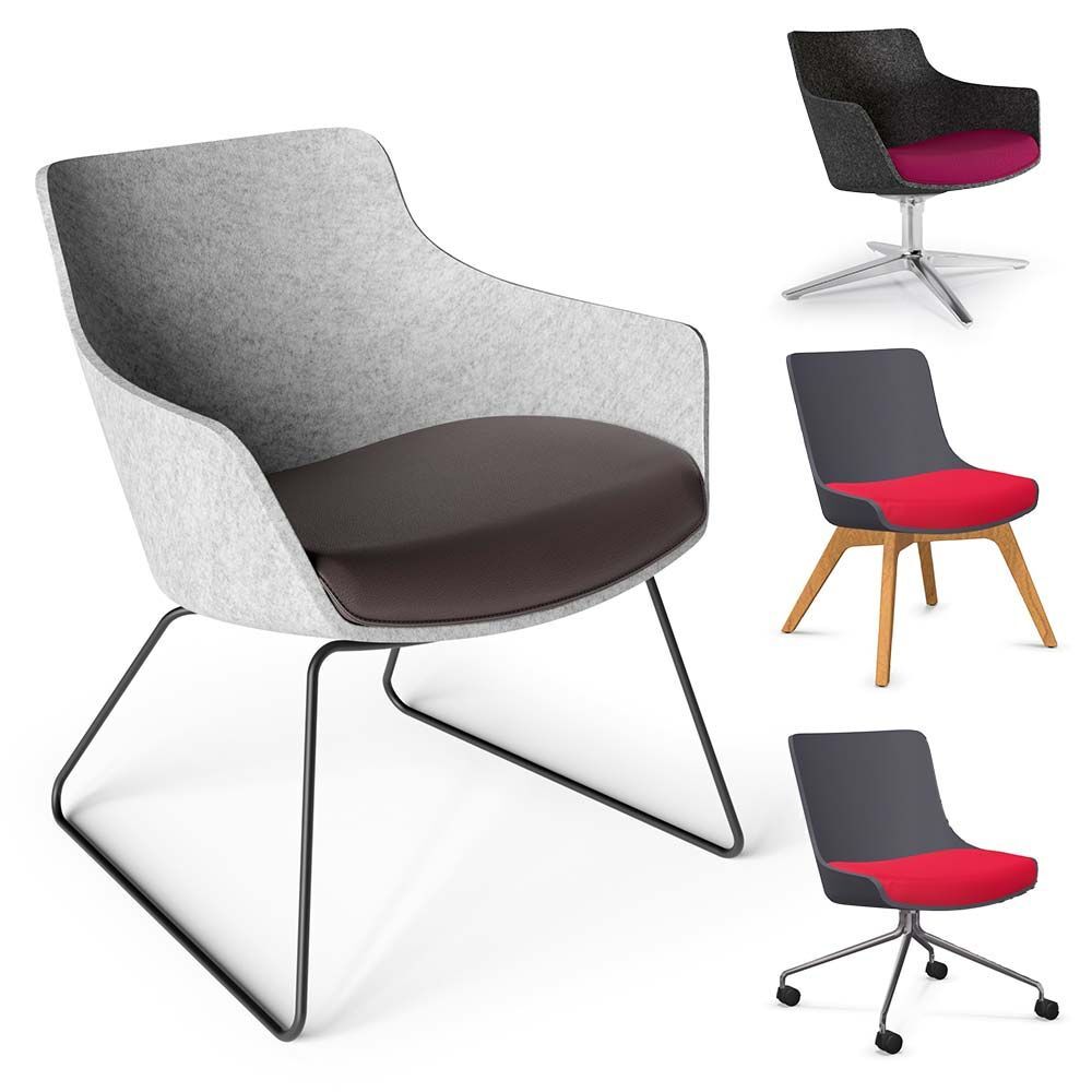 Vier ergonomische Bürostühle mit modernen Designs und verschiedenfarbigen Polstern auf weißen Hintergrund.