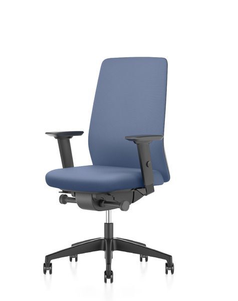 Blauer ergonomischer Bürostuhl mit verstellbaren Armlehnen und Rollen für dynamisches Sitzen im Büro.