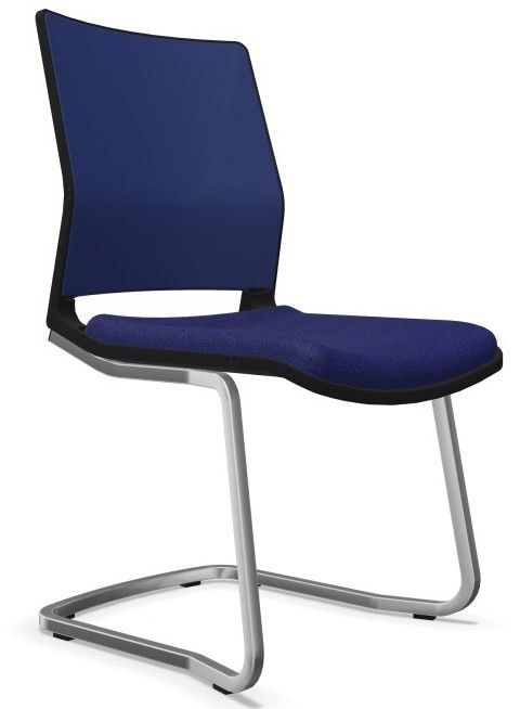 Moderner, ergonomischer Bürostuhl mit blauem Sitz und schwarzer Lehne auf Metallgestell, ideal für dynamisches Sitzen.