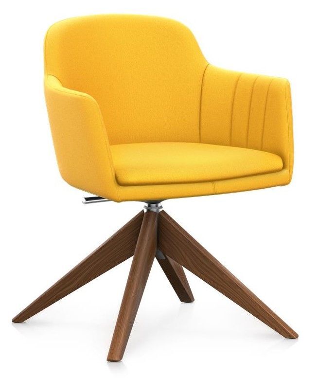 Gelber ergonomischer Bürostuhl mit gepolstertem Sitz und hölzernem Drehfuß, ideal für dynamisches Sitzen.