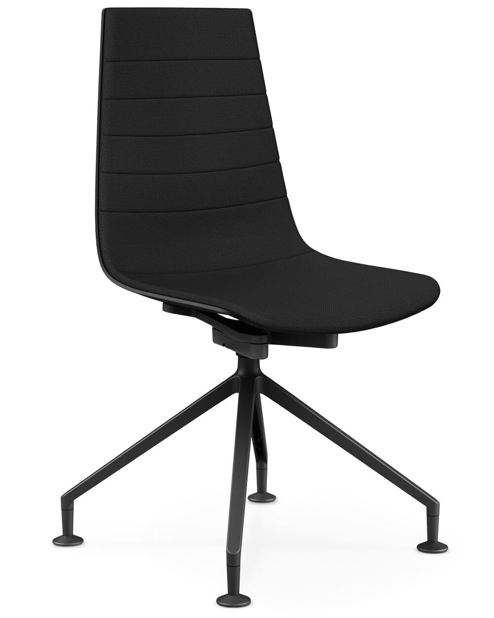 Schwarzer ergonomischer Bürostuhl mit vier stabilen Beinen und moderner, minimalistischer Rückenlehne.