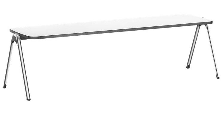 Minimalistische weiße Bank mit Metallbeinen, ideal für moderne Büros oder Homeoffices.