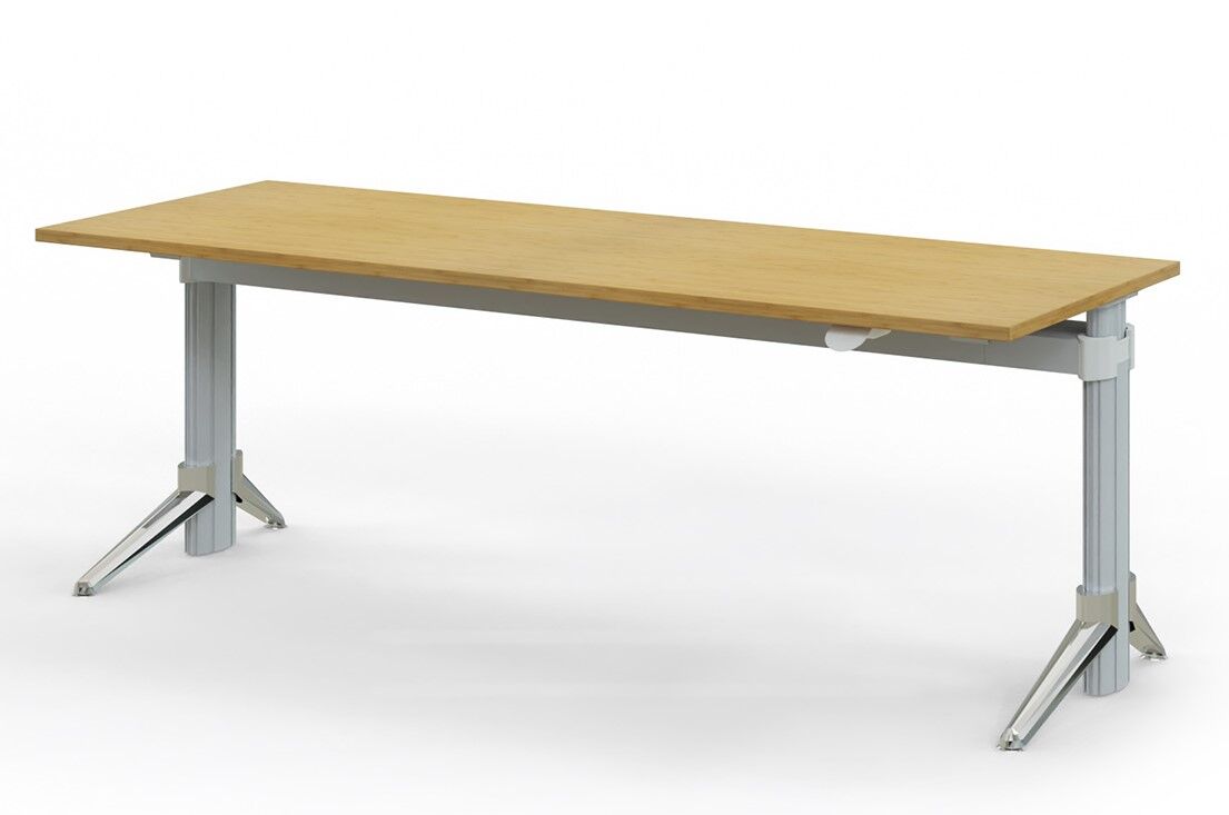 Moderner höhenverstellbarer Schreibtisch mit Metallbeinen und Holzplatte, ideal für ergonomische Arbeitsumgebungen.