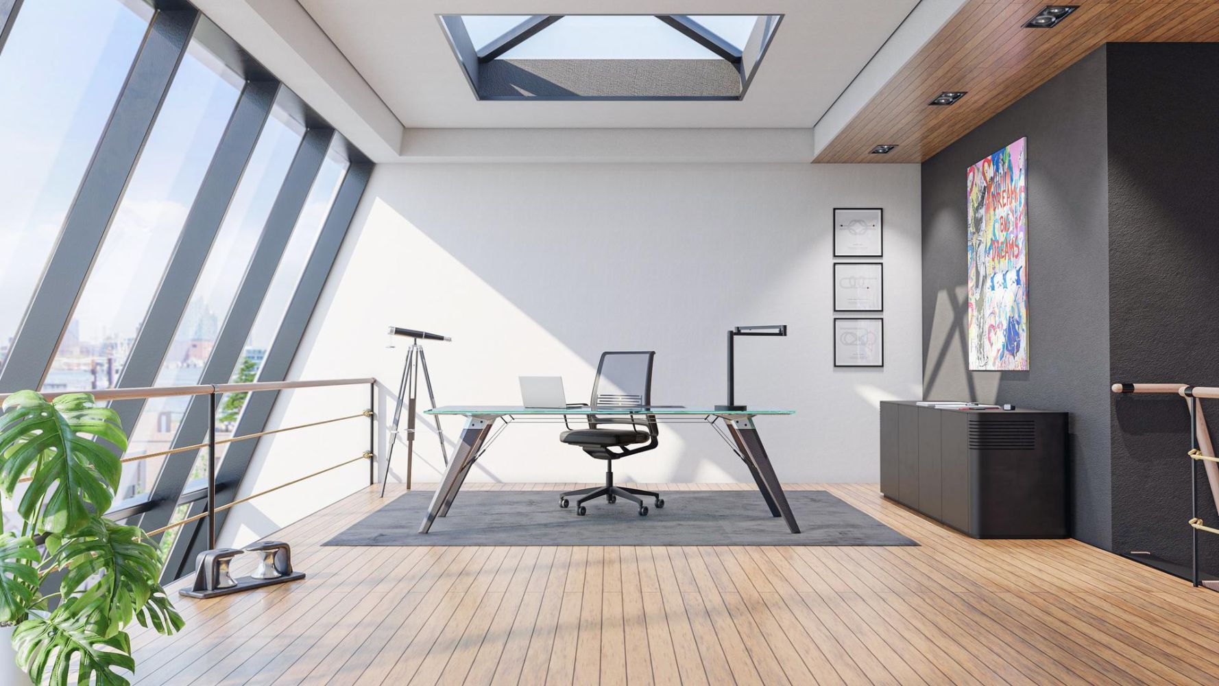 Modernes Büro mit ergonomischem Stuhl und Glas-Schreibtisch, umgeben von großen Fenstern und natürlichem Licht.