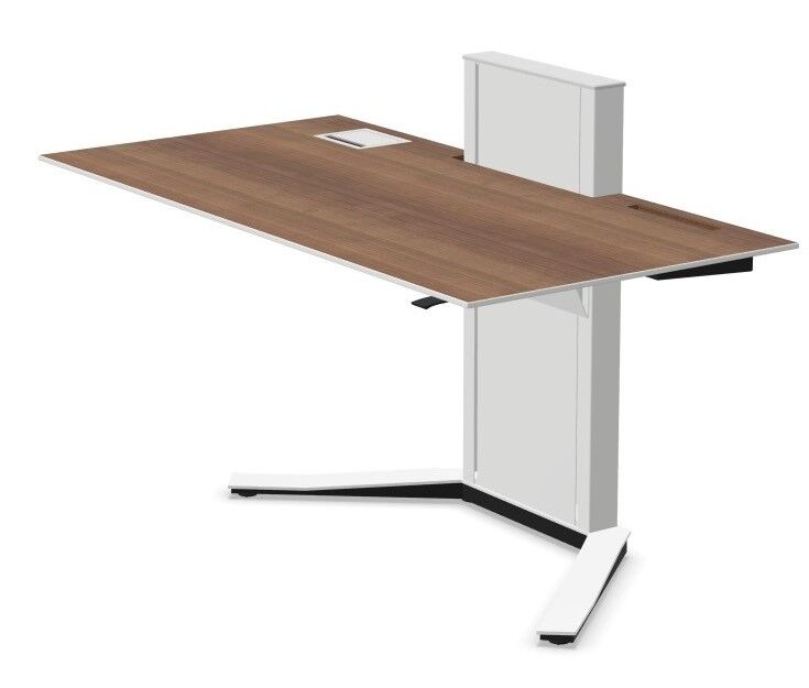 Moderner höhenverstellbarer Schreibtisch mit dunkler Holzplatte und weißem Metallgestell, ideal für ergonomische Arbeitsplätze.