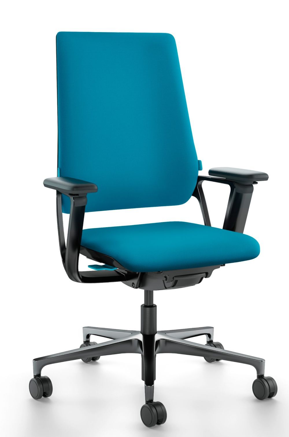 Ergonomischer Bürostuhl mit blauer Polsterung, verstellbaren Armlehnen und fünf Rollen für dynamisches Sitzen.