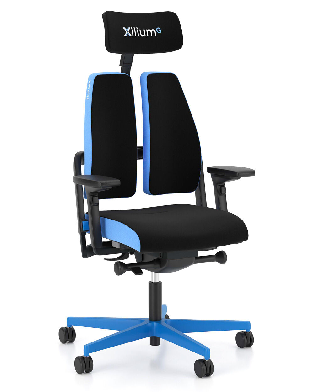 Ergonomischer Bürostuhl in Schwarz und Blau mit verstellbarer Kopfstütze und Armlehnen, Modell Xilium G.