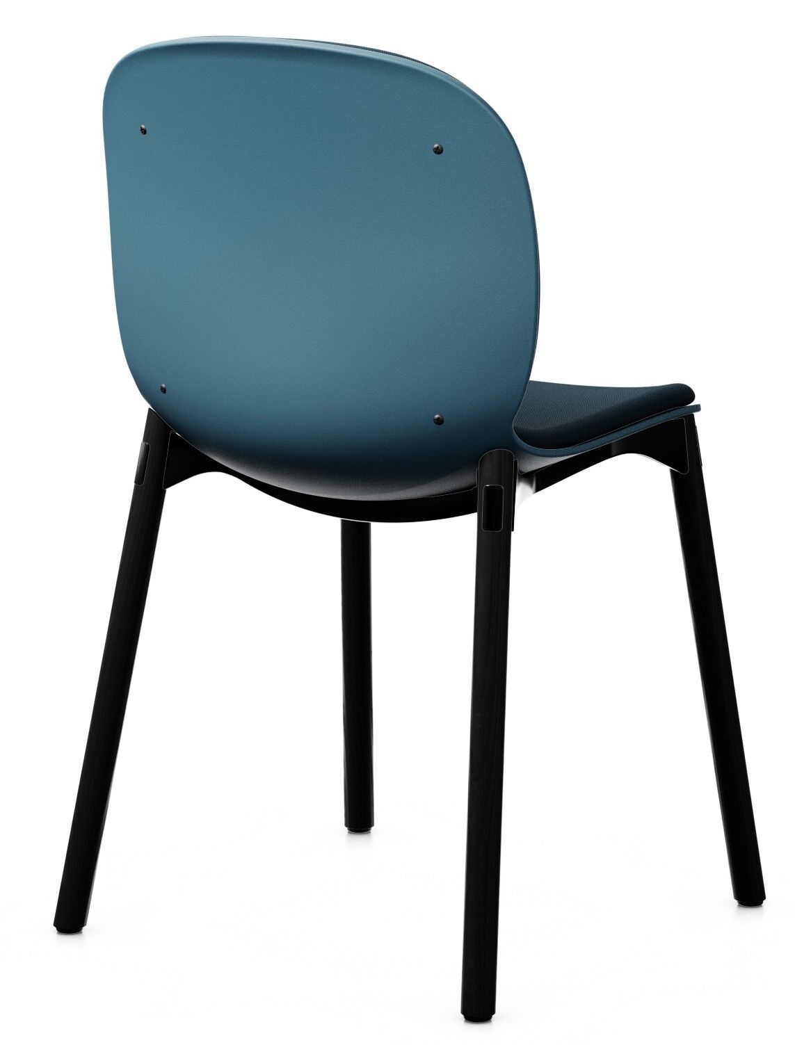 Moderner Stuhl in Blau mit schwarzem Gestell, Rückansicht. Ergonomisches Design für dynamisches Sitzen.