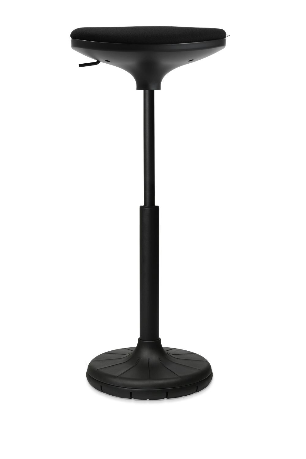 Schwarzer ergonomischer Stehhocker mit gepolsterter Sitzfläche und verstellbarer Höhe für aktives Sitzen.