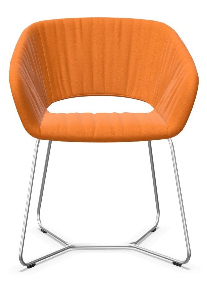Moderner ergonomischer Stuhl mit orangefarbenem Polster und geschwungenen Metallbeinen, ideal für dynamisches Sitzen.