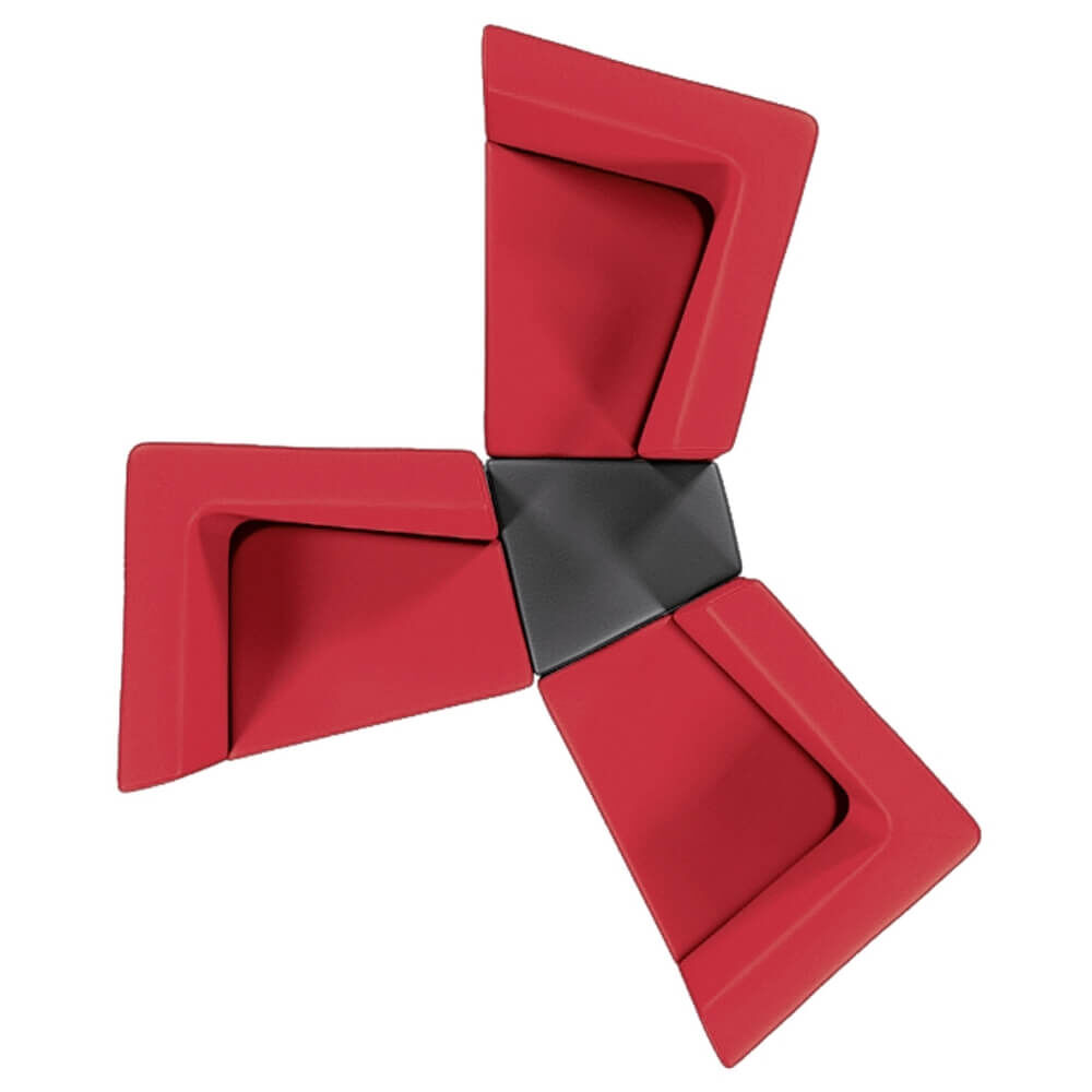 Modernes, dreiblättriges, rotes und schwarzes Designobjekt mit skulpturaler Form, das an einen rotierenden Propeller erinnert.