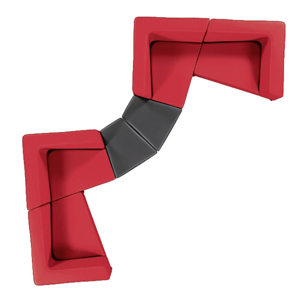 Modulares rotes und graues Sofa, dynamisch gestaltet für flexible Sitzarrangements in Büros oder Lounges.