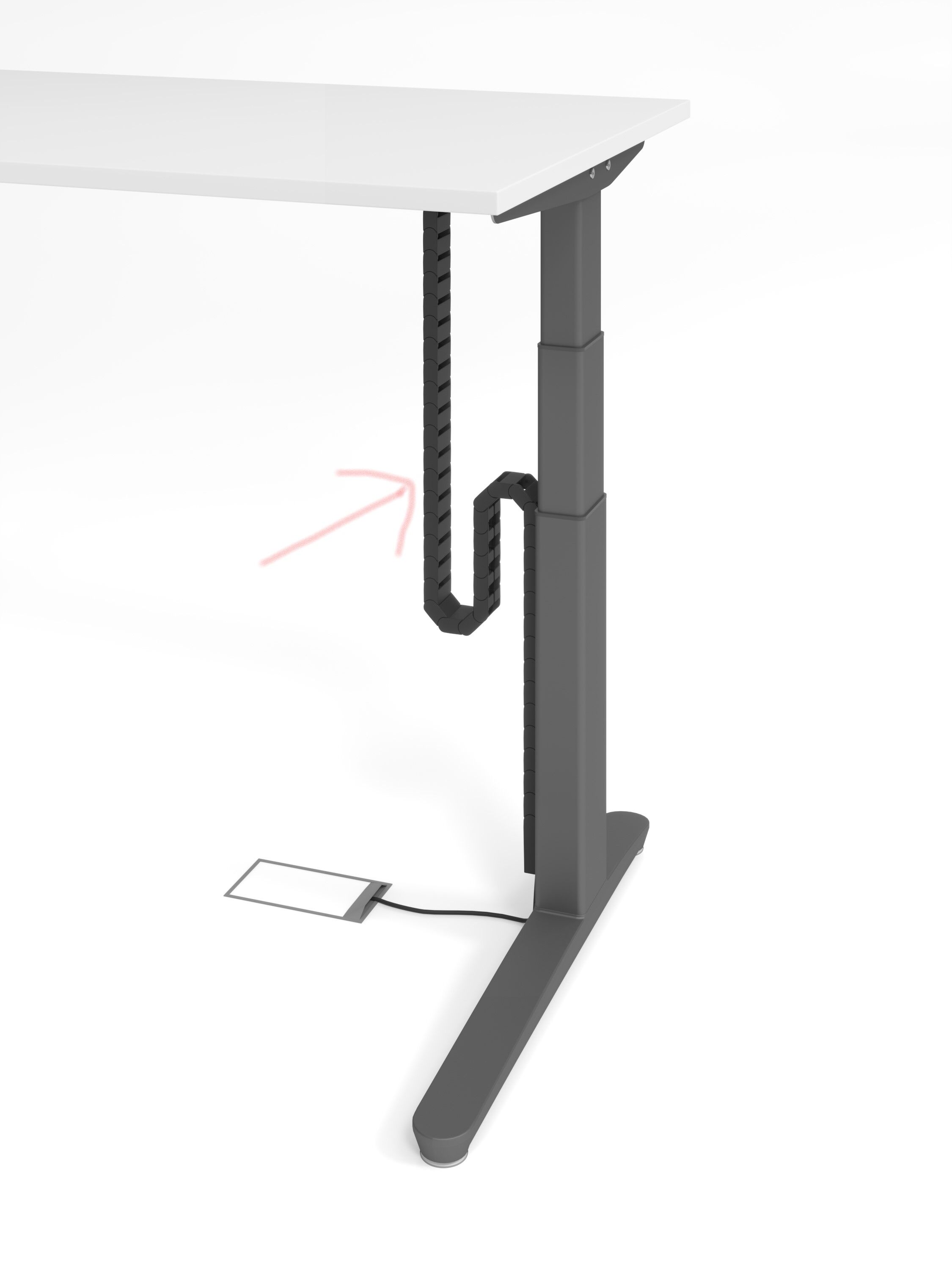 Ergonomischer Schreibtisch mit Kabelmanagementsystem, das geordnet und sauber an einem Tischbein entlang verläuft.